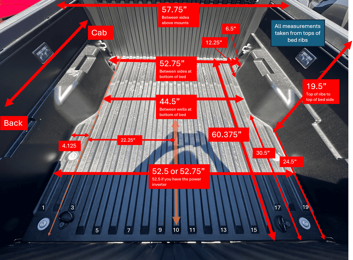 Measurements of 4th gen 2024 Tacoma 5&#39; Off-Road truck bed